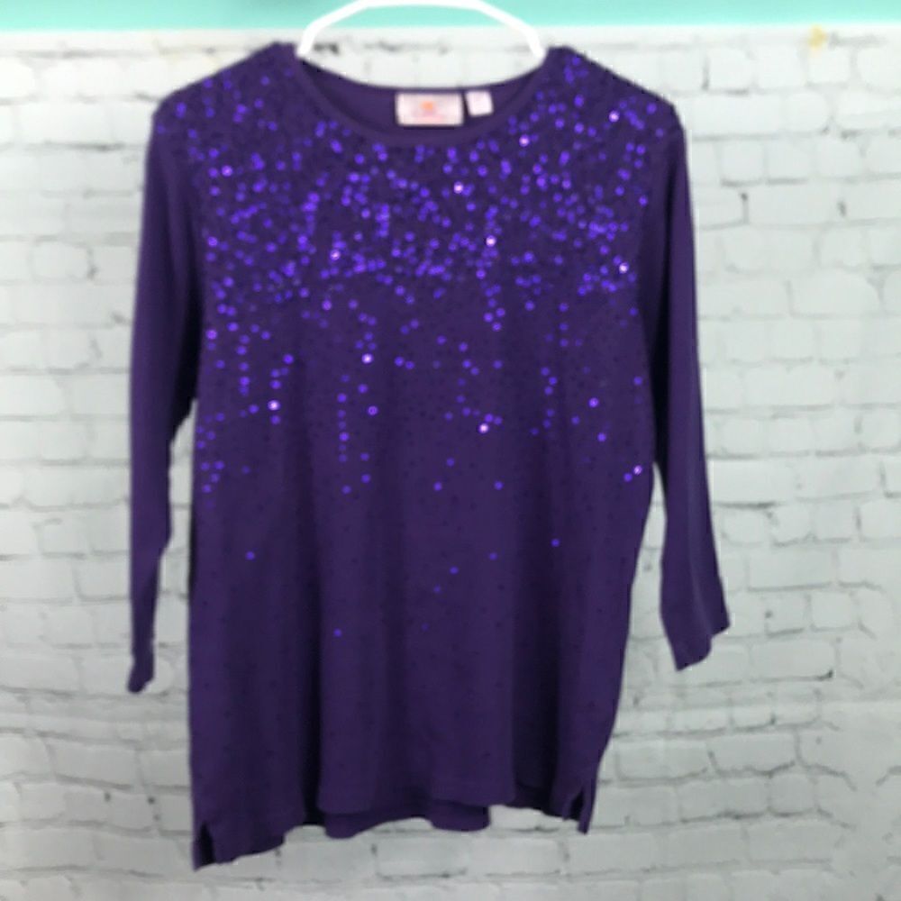 Quacker Factory Royal Purple Long Sleeve Sequined Top Size Large 3/4 sleeve EUC